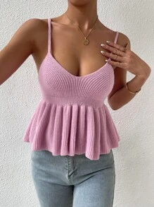 SHEIN Privé Peplum Cami Knit Top - Pink - View 1