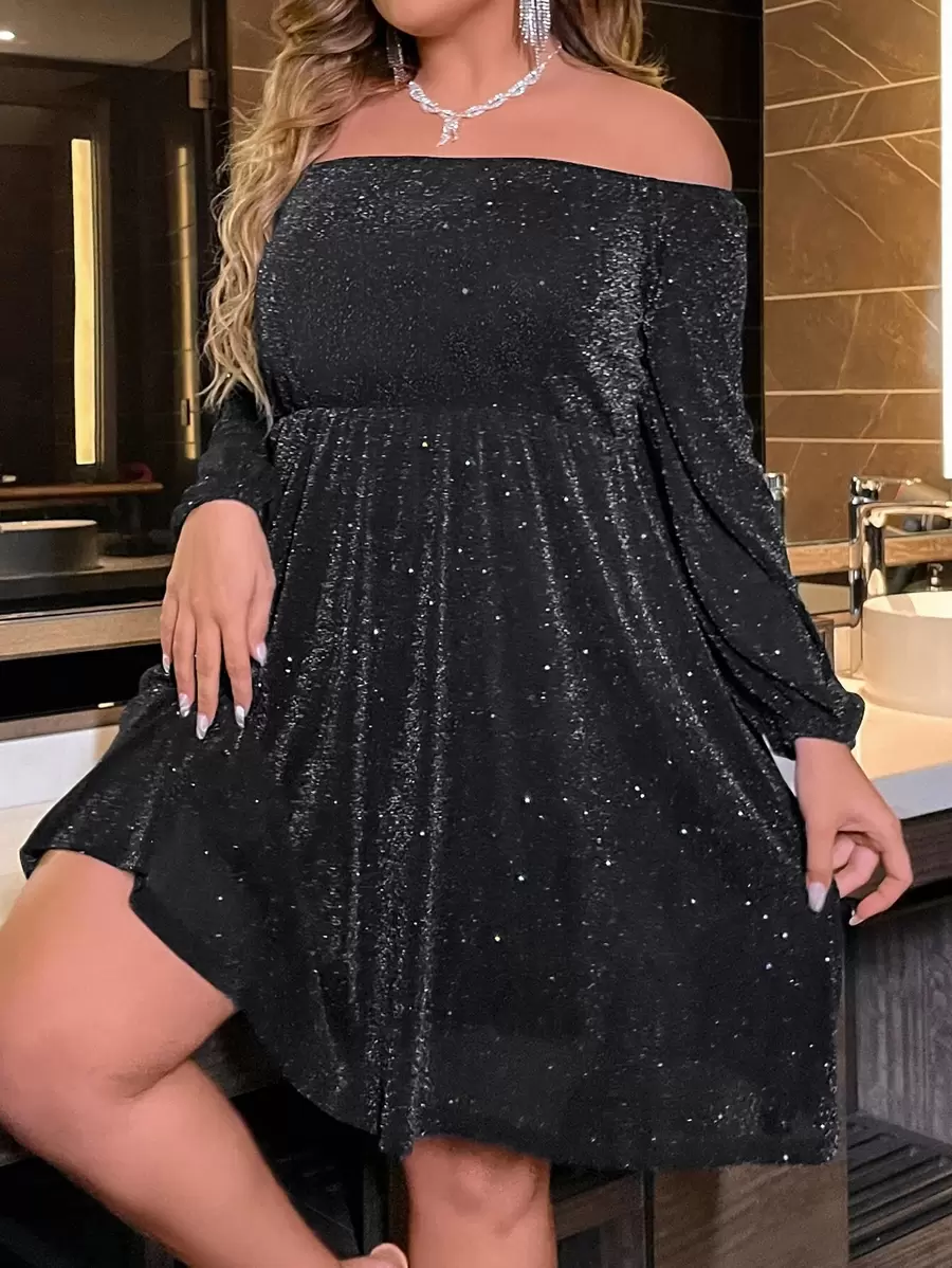 SHEIN Clasi 大碼一字肩亮片洋裝 - 黑色 - 查看 1