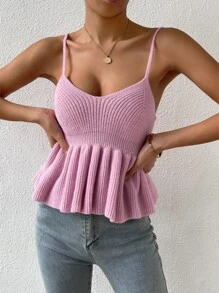 SHEIN Privé Peplum Cami Knit Top - Pink - View 4