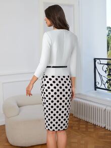 波卡圓點假兩件緊身洋裝 - 黑與白 - 查看 2