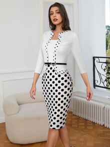 波卡圓點假兩件緊身洋裝 - 黑與白 - 查看 3