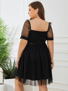 Plus Square Neck Dobby Mesh Overlay Dress - Black - View 2