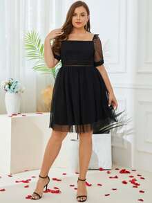 Plus Square Neck Dobby Mesh Overlay Dress - Black - View 5