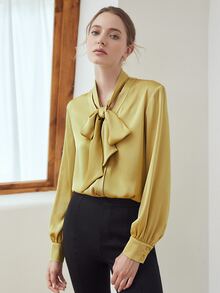 MOTF PREMIUM TIE-NECK STRAIGHT BLOUSE - Yellow - View 3