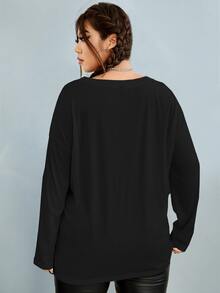 Flirla 大碼字母圖案落肩T恤 - 黑色 - 查看 2