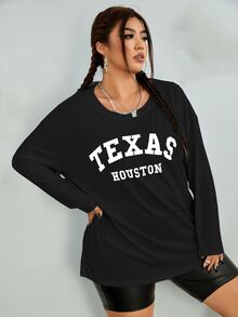 Flirla 大碼字母圖案落肩T恤 - 黑色 - 查看 4