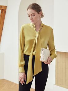 MOTF PREMIUM TIE-NECK STRAIGHT BLOUSE - Yellow - View 6