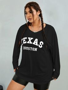 Flirla 大碼字母圖案落肩T恤 - 黑色 - 查看 5