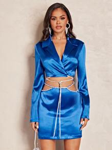 SHEIN BAE Lapel Neck Rhinestone Chain Detail Crop Satin Blouse & Skirt - Blue - View 3