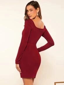 SHEIN Belle Burgundy Red Square Neck Split Hem Bodycon Dress - Bourgogne - Visa 4
