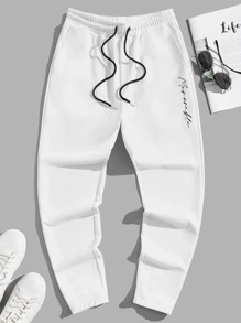 Manfinity RebelGame 男士腰部抽繩字母圖案衛褲 - 白色 - 查看 1