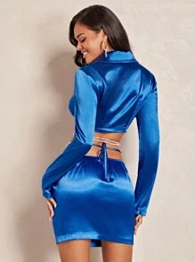 SHEIN BAE Lapel Neck Rhinestone Chain Detail Crop Satin Blouse & Skirt - Blue - View 2