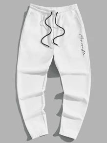 Manfinity RebelGame 男士腰部抽繩字母圖案衛褲 - 白色 - 查看 3