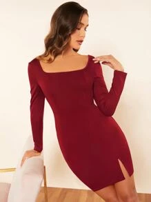 SHEIN Belle Burgundy Red Square Neck Split Hem Bodycon Dress - Bourgogne - Visa 5