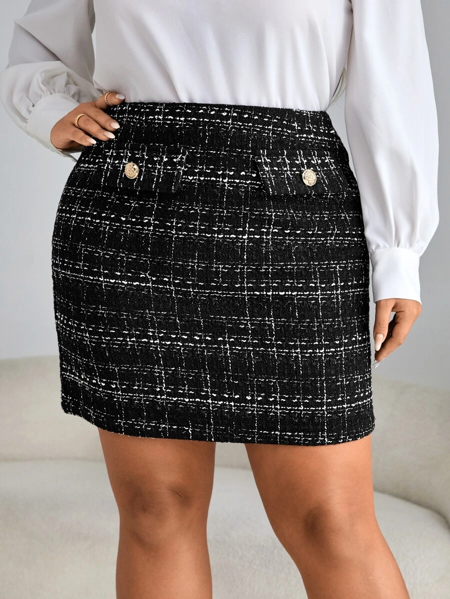 SHEIN Privé Váy Plus Size Nút Dây kéo Sọc ca rô Thanh lịch - màu đen - Xem 1