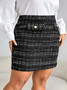 SHEIN Privé Váy Plus Size Nút Dây kéo Sọc ca rô Thanh lịch - màu đen - Xem 5