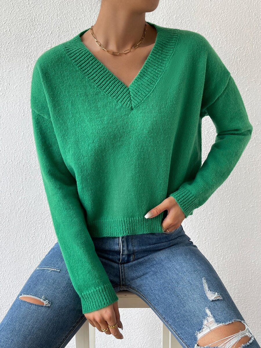SHEIN LUNE Jersey de cuello V de hombros caídos - Verde - Ver 1