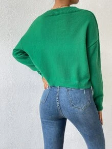 SHEIN LUNE Jersey de cuello V de hombros caídos - Verde - Ver 2