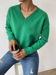 SHEIN LUNE Jersey de cuello V de hombros caídos - Verde - Ver 3