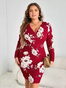 SHEIN Clasi Plus Floral Print Surplice Neck Bodycon Dress - Burgundy - View 1