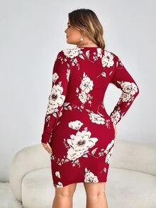 SHEIN Clasi Plus Floral Print Surplice Neck Bodycon Dress - Burgundy - View 2