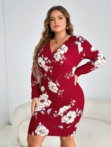 SHEIN Clasi Plus Floral Print Surplice Neck Bodycon Dress - Burgundy - View 3