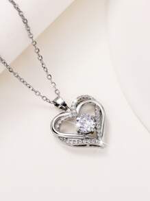 Dây chuyền mặt hình trái tim đính đá Cubic Zirconia, quà tặng cho Ngày Valentine, Ngày của Mẹ. - Bạc - Xem 3