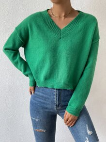 SHEIN LUNE Jersey de cuello V de hombros caídos - Verde - Ver 5