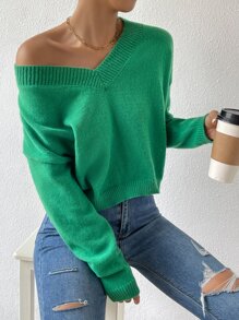 SHEIN LUNE Jersey de cuello V de hombros caídos - Verde - Ver 6