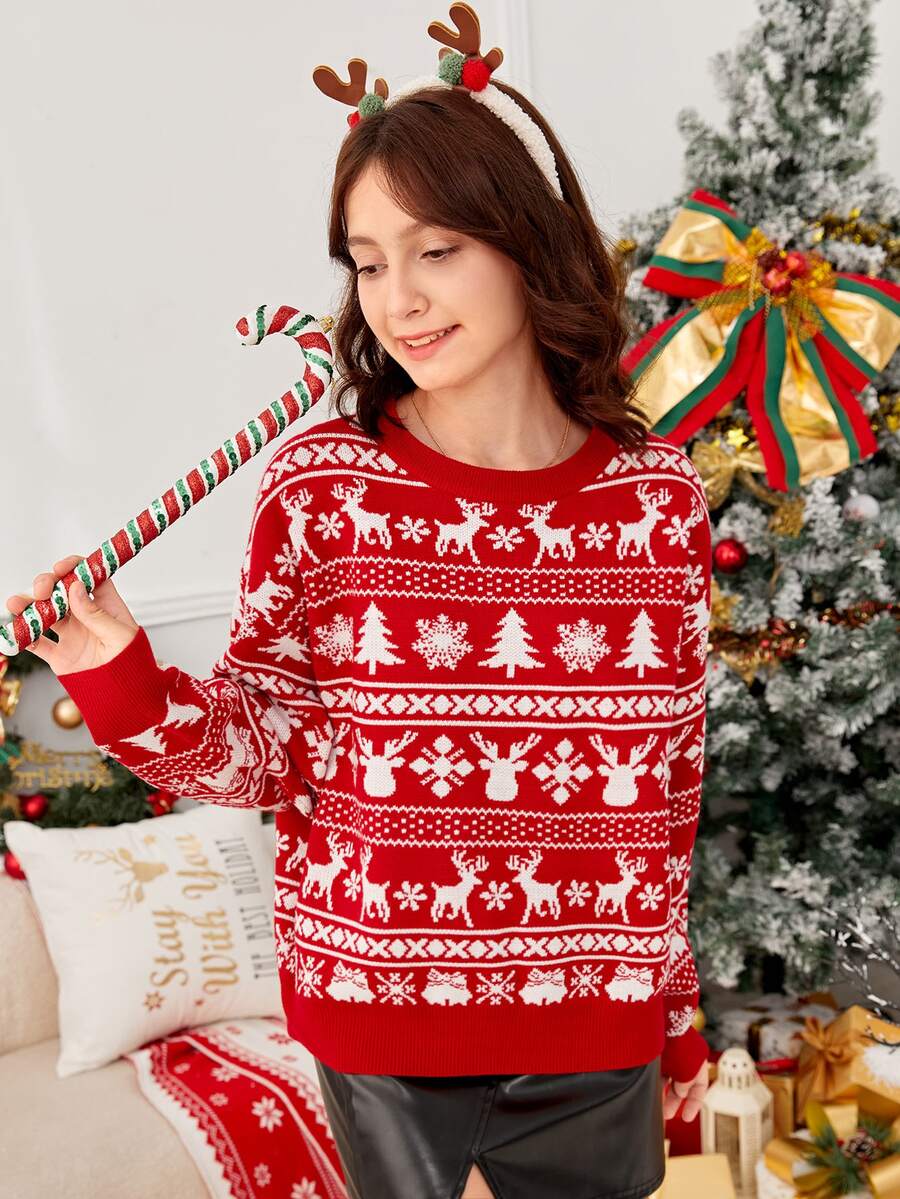 SHEIN Teen Girls Christmas Pattern Drop Shoulder Jumper - Red and White - View 1