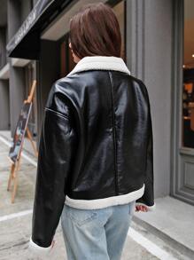 SHEIN EZwear Áo khoác PU lót gấu Teddy vai trễ cho mùa thu/đông - màu đen - Xem 2