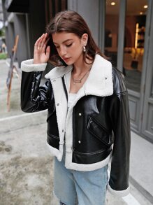 SHEIN EZwear Áo khoác PU lót gấu Teddy vai trễ cho mùa thu/đông - màu đen - Xem 4