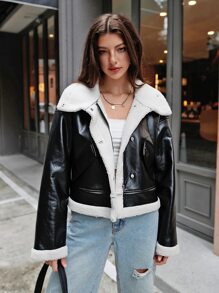 SHEIN EZwear Áo khoác PU lót gấu Teddy vai trễ cho mùa thu/đông - màu đen - Xem 5