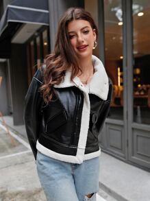 SHEIN EZwear Áo khoác PU lót gấu Teddy vai trễ cho mùa thu/đông - màu đen - Xem 6