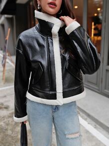 SHEIN EZwear Áo khoác PU lót gấu Teddy vai trễ cho mùa thu/đông - màu đen - Xem 7