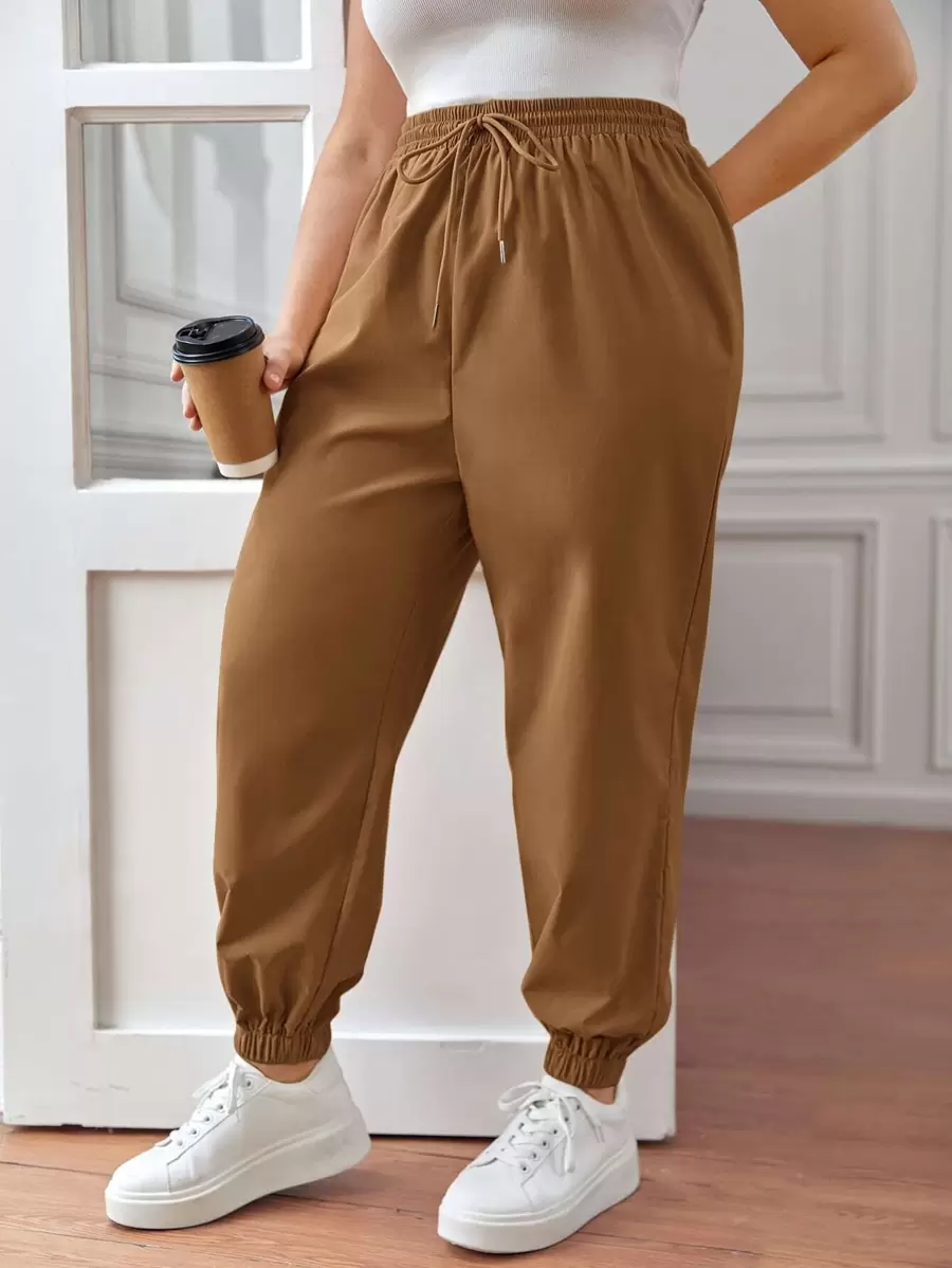 SHEIN Frenchy Plus Drawstring Waist Trousers - Brown - View 1