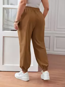 SHEIN Frenchy Plus Drawstring Waist Trousers - Brown - View 4