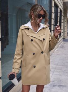 SHEIN Essnce Double Breasted Drop Shoulder Trench Coat - Khaki - View 6