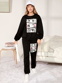 SHEIN Teen Girls Figure Graphic Pullover & Sweatpants - Black - View 4