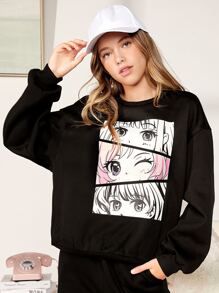 SHEIN Teen Girls Figure Graphic Pullover & Sweatpants - Black - View 5