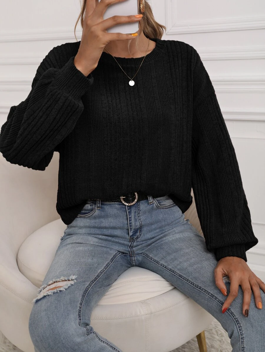 SHEIN Essnce 素色落肩T恤 - 黑色 - 查看 1