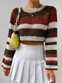 SHEIN Unity 撞色插肩袖網眼針織短款毛衣 - 彩色 - 查看 3