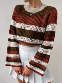 SHEIN Unity 撞色插肩袖網眼針織短款毛衣 - 彩色 - 查看 5