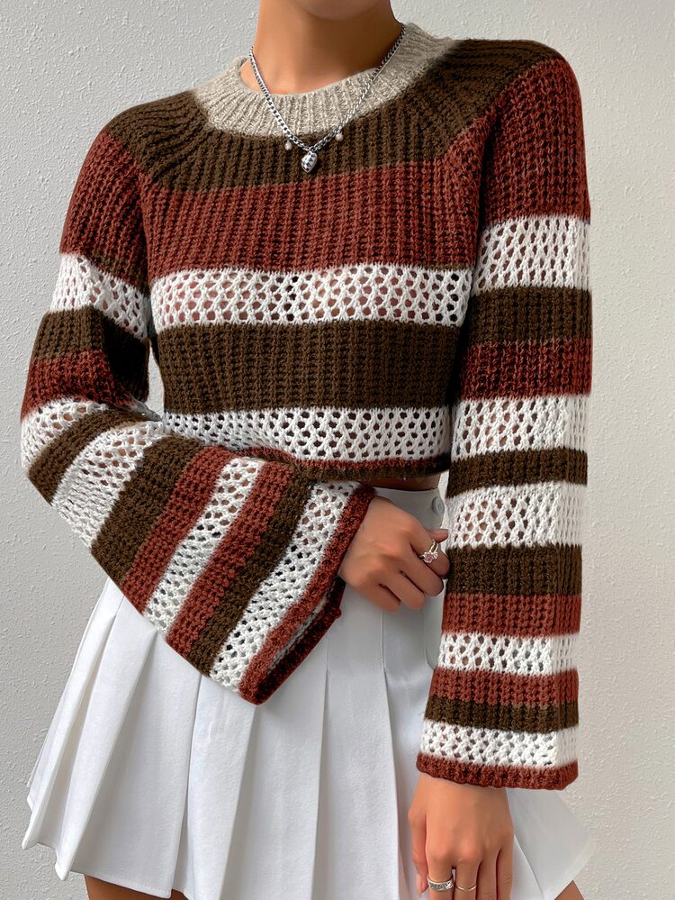 Colorblock Raglan Sleeve Pointelle Knit Crop Sweater Knit Pullover Fall Winter