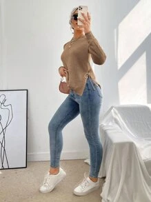 EMERY ROSE Suéter con mangas raglán, nudo lateral y manga larga - Camel - Ver 5