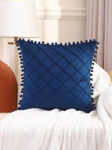 1pc Pom Pom Decor Plain Color Cushion Cover Without Filler, Blue Throw Pillow Case, For Sofa, Living Room - Blue - View 3