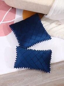 1pc Pom Pom Decor Plain Color Cushion Cover Without Filler, Blue Throw Pillow Case, For Sofa, Living Room - Blue - View 6