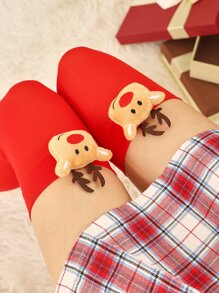 1 Đôi tất cao đến đùi hình búp bê tuần lộc cho nữ nhân dịp Giáng sinh - Đỏ - Xem 2