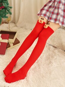 1 Đôi tất cao đến đùi hình búp bê tuần lộc cho nữ nhân dịp Giáng sinh - Đỏ - Xem 4