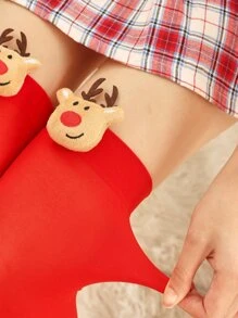 1 Đôi tất cao đến đùi hình búp bê tuần lộc cho nữ nhân dịp Giáng sinh - Đỏ - Xem 6